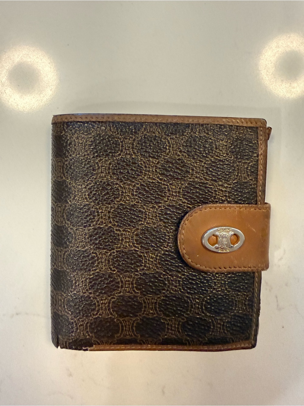 Celine Macadam Triomphe Monogram Bifold Wallet with Tan Leather Trim